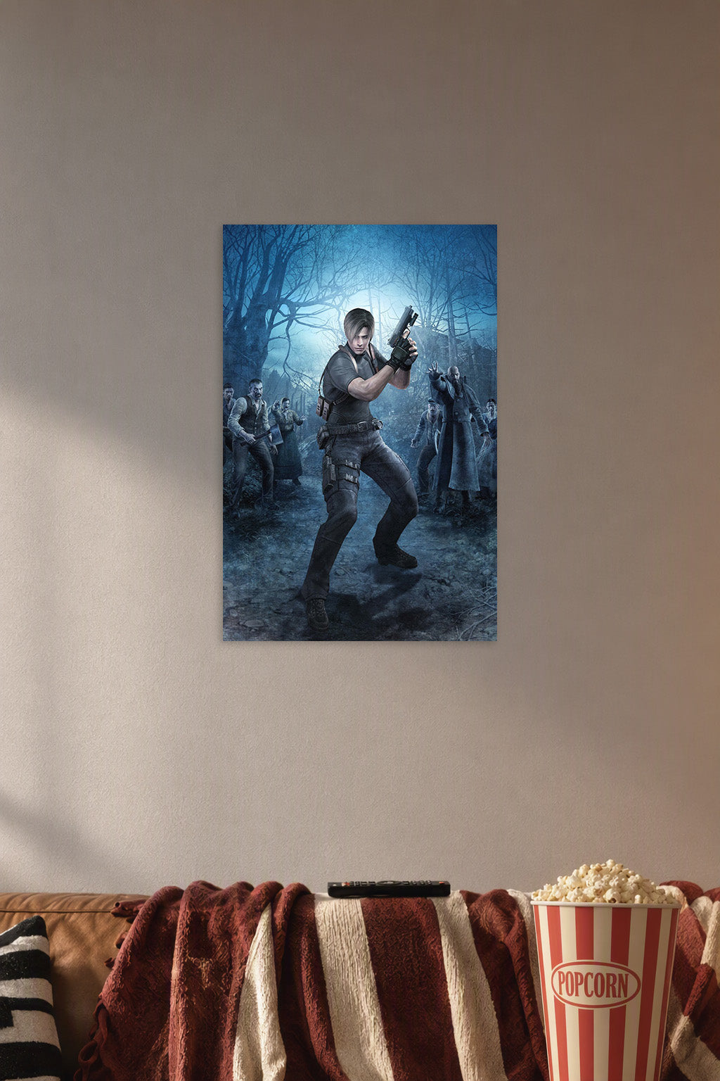 Leon S. Kennedy Resident Evil 4 in a cozy movie room above a brown sofa with popcorn.