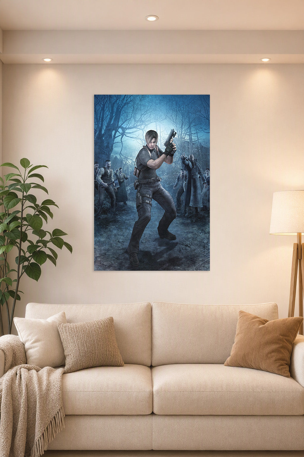 Leon S. Kennedy Resident Evil 4 in a bright living room above a beige sofa.