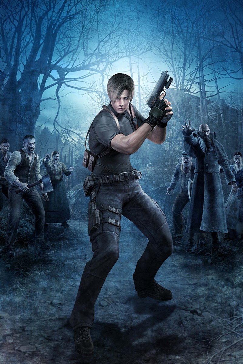 Leon S. Kennedy poster depicts the armed hero facing hostile villagers on a misty blue forest path.
