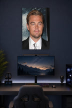 Leonardo DiCaprio in a gaming desk setup above a monitor.
