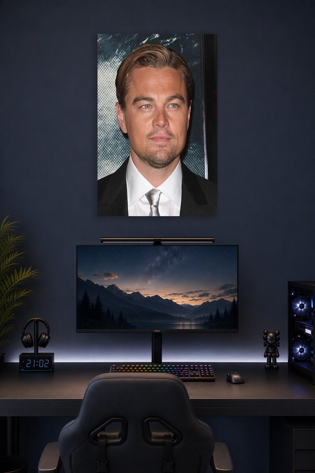 Leonardo DiCaprio in a gaming desk setup above a monitor.