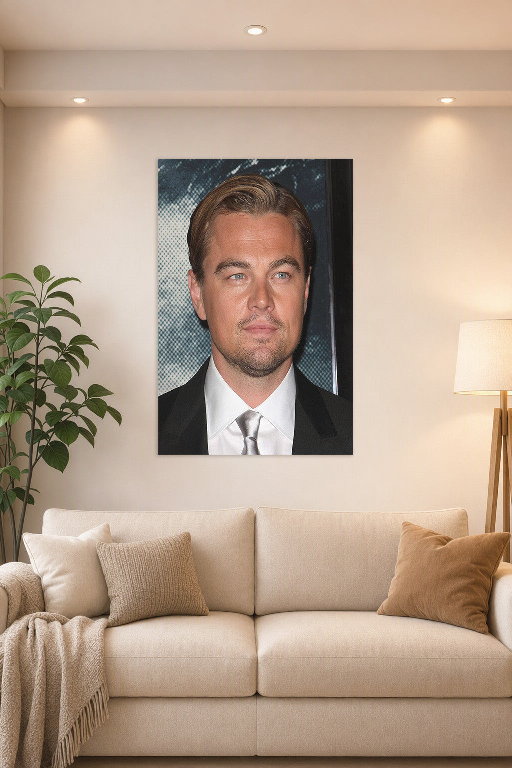 Leonardo DiCaprio in a bright living room above a beige sofa.