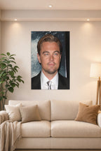 Leonardo DiCaprio in a bright living room above a beige sofa.