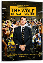 The Wolf of Wall Street canvas wall art print featuring Leonardo DiCaprio in a dark suit amid a chaotic office celebration.