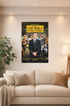 Leonardo DiCaprio The Wolf of Wall Street in a bright living room above a beige sofa.
