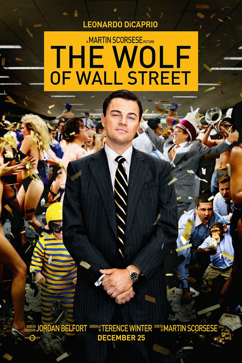 The Wolf of Wall Street poster with Leonardo DiCaprio in a pinstripe suit before a confetti-filled office party.