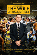 The Wolf of Wall Street poster with Leonardo DiCaprio in a pinstripe suit before a confetti-filled office party.