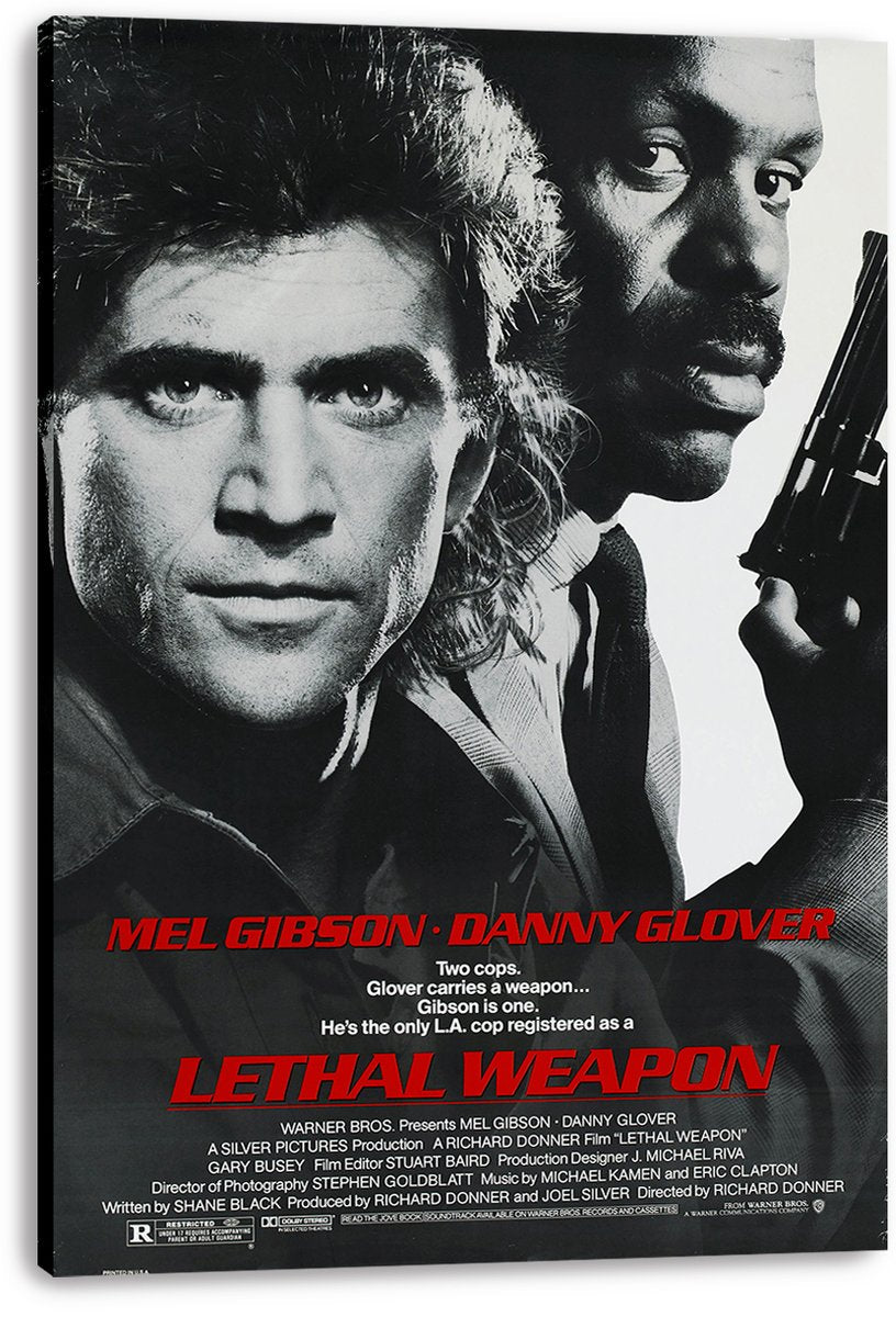 Lethal Weapon canvas wall art print displays monochrome portraits of Mel Gibson and Danny Glover, a raised handgun, and bold red lettering.