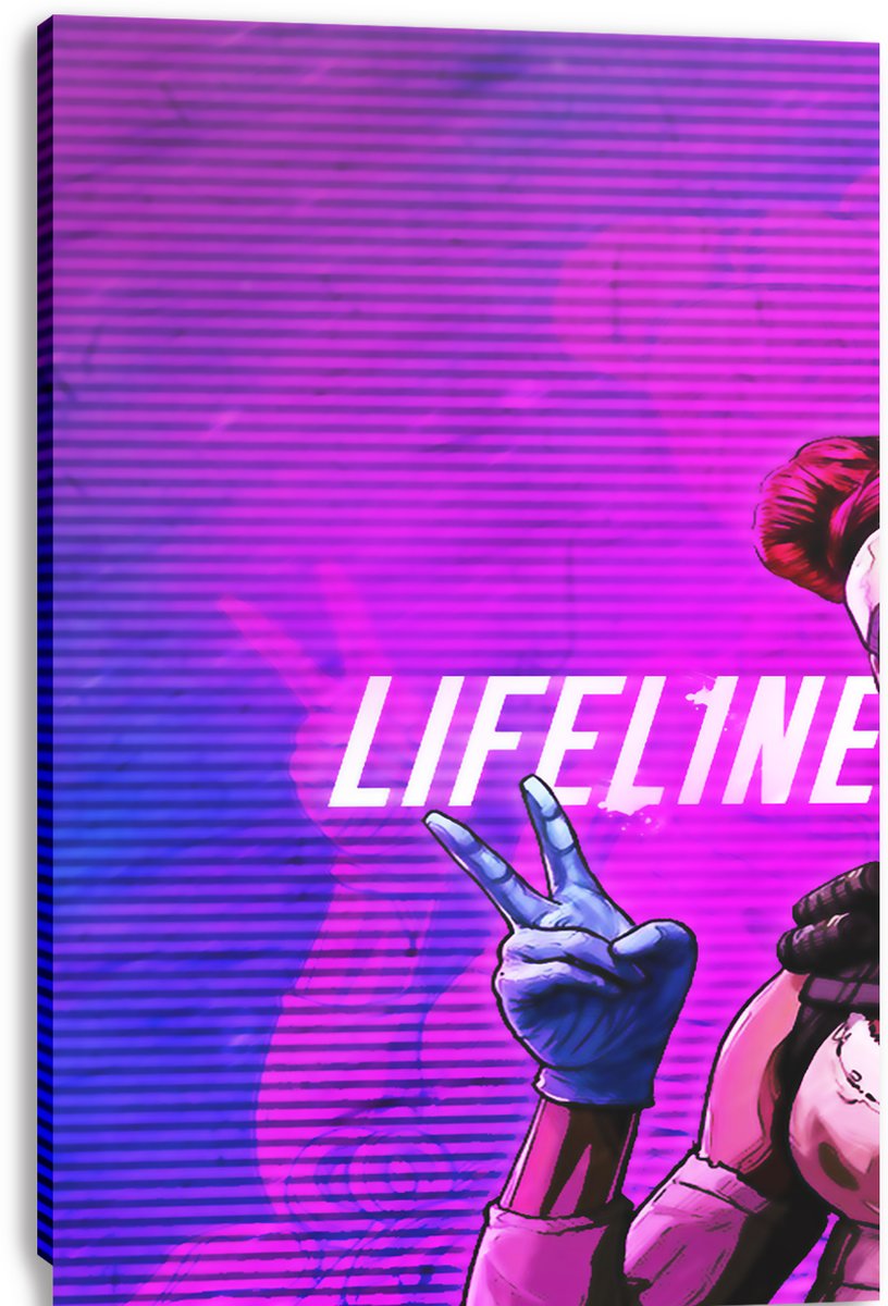Lifeline canvas wall art print close-up displays her blue-gloved peace sign and white name text against purple striped neon graphics.