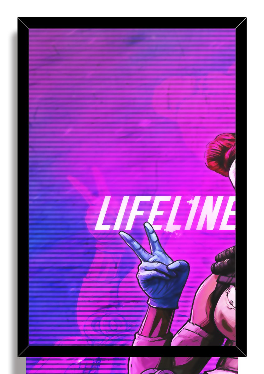 Lifeline framed wall art print presents a cropped blue-gloved peace sign, white lettering, and vivid purple striped background in a black frame.