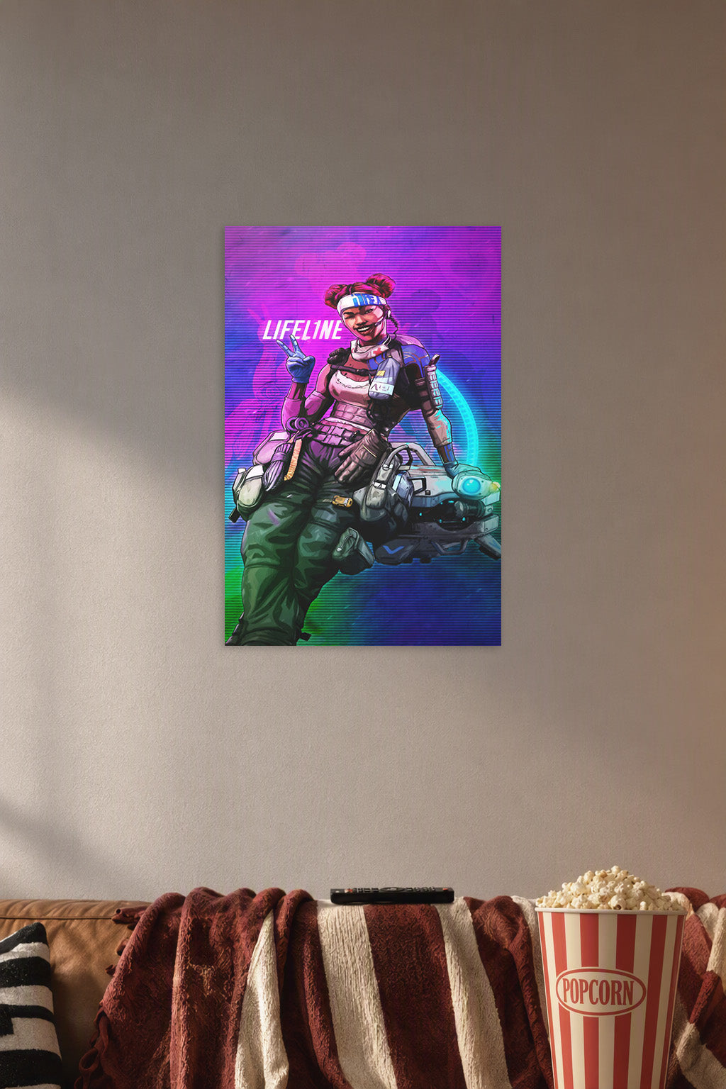 Lifeline Apex Legends in a cozy movie room above a brown sofa with popcorn.