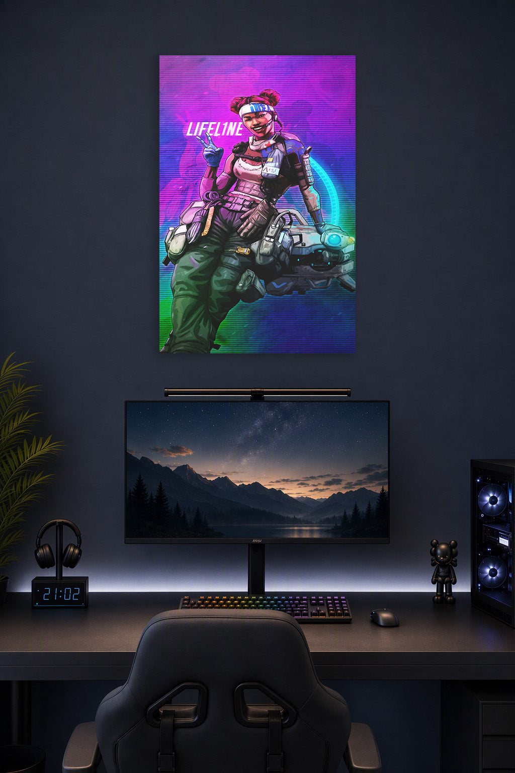 Lifeline Apex Legends in a gaming desk setup above a monitor.