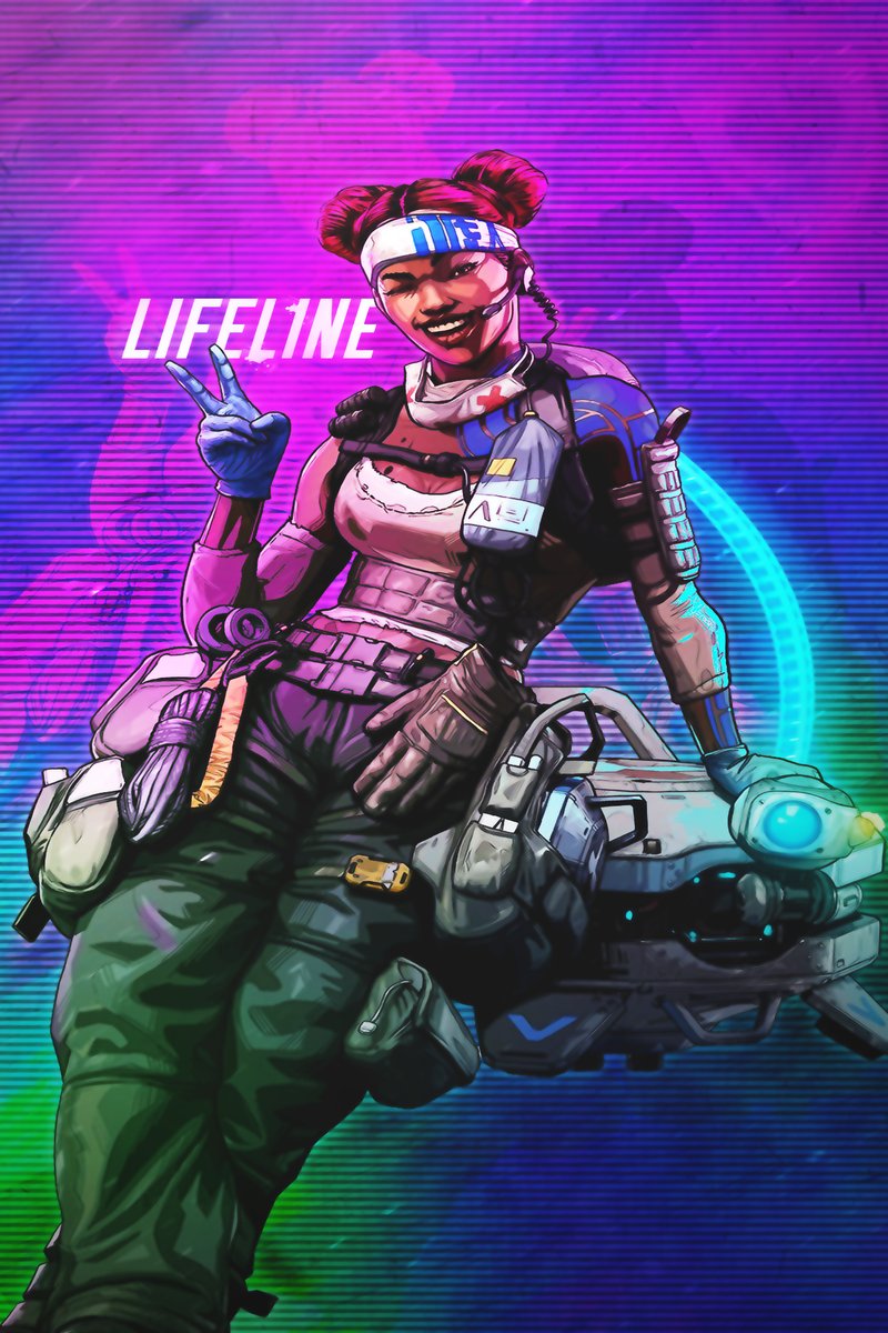 Lifeline poster wall art print features the smiling Apex Legends medic beside a glowing white drone on a neon purple and blue backdrop.