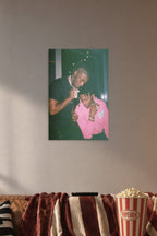 Lil Uzi Vert and Playboi Carti in a cozy movie room above a brown sofa with popcorn.