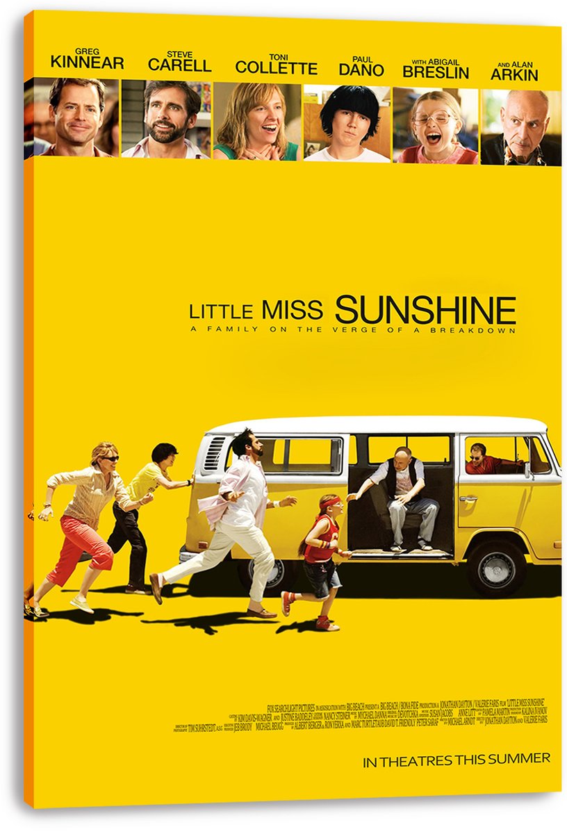 Little Miss Sunshine canvas wall art print with yellow poster design, cast portraits, and family running beside a VW bus.