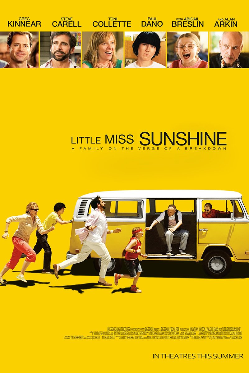 Little Miss Sunshine movie poster wall art print on yellow, with the Hoover family running beside a yellow VW bus.