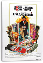 Live and Let Die wall art print on a white canvas, with Roger Moore, tarot cards, women, a speedboat, cars, and fiery action scenes.