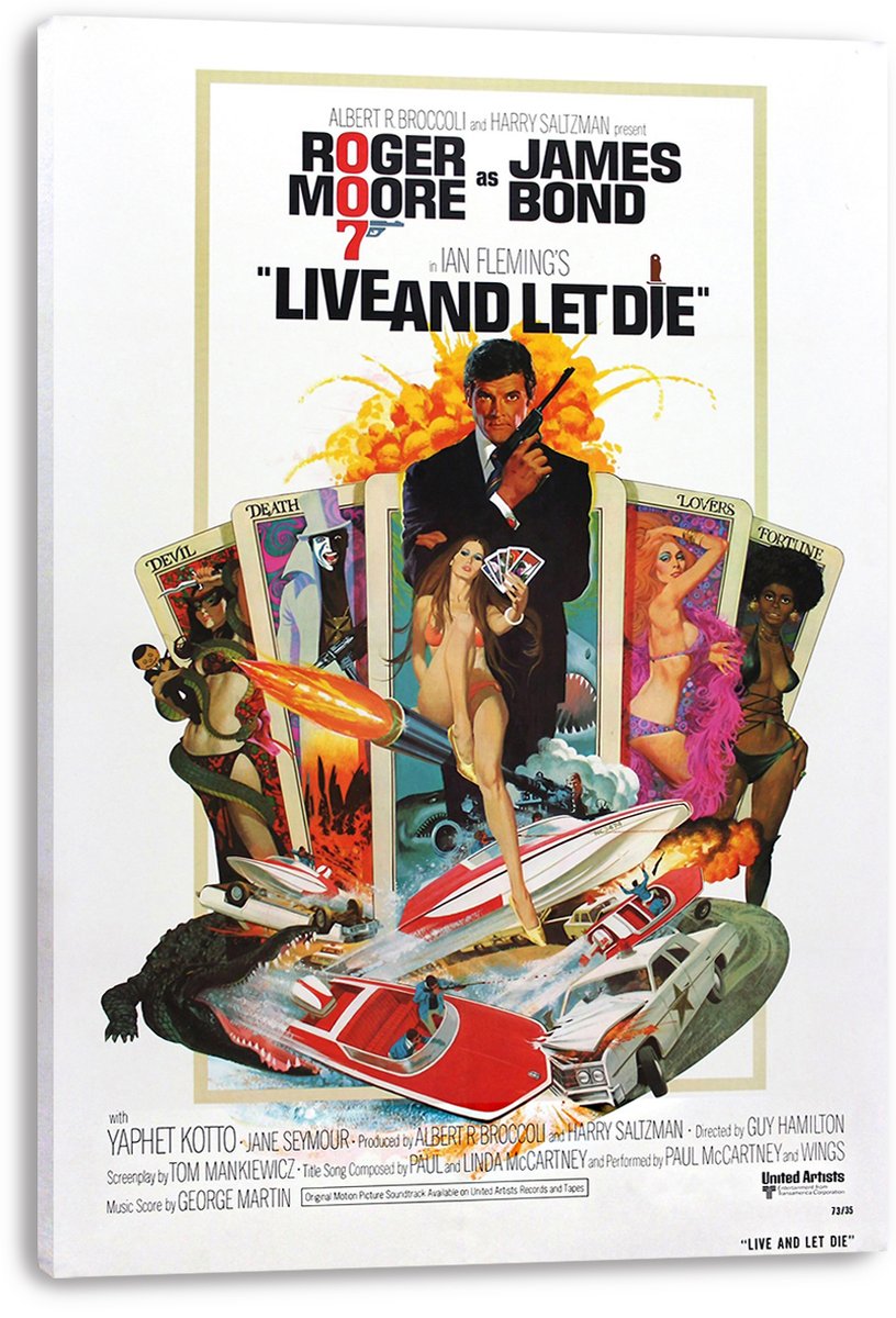 Live and Let Die wall art print on a white canvas, with Roger Moore, tarot cards, women, a speedboat, cars, and fiery action scenes.