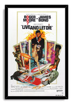 Live and Let Die wall art print framed in black, featuring Roger Moore, vivid tarot cards, women, boats, cars, and an alligator.