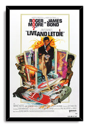 Live and Let Die wall art print framed in black, featuring Roger Moore, vivid tarot cards, women, boats, cars, and an alligator.