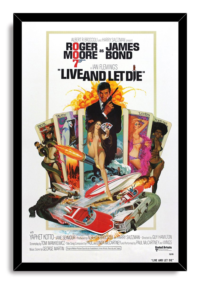 Live and Let Die wall art print framed in black, featuring Roger Moore, vivid tarot cards, women, boats, cars, and an alligator.