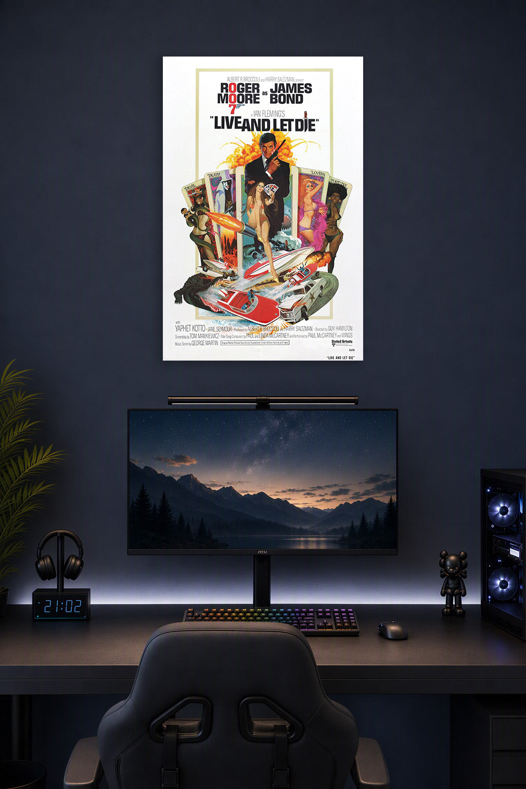 Live and Let Die James Bond in a gaming desk setup above a monitor.