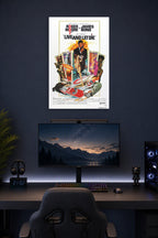 Live and Let Die James Bond in a gaming desk setup above a monitor.
