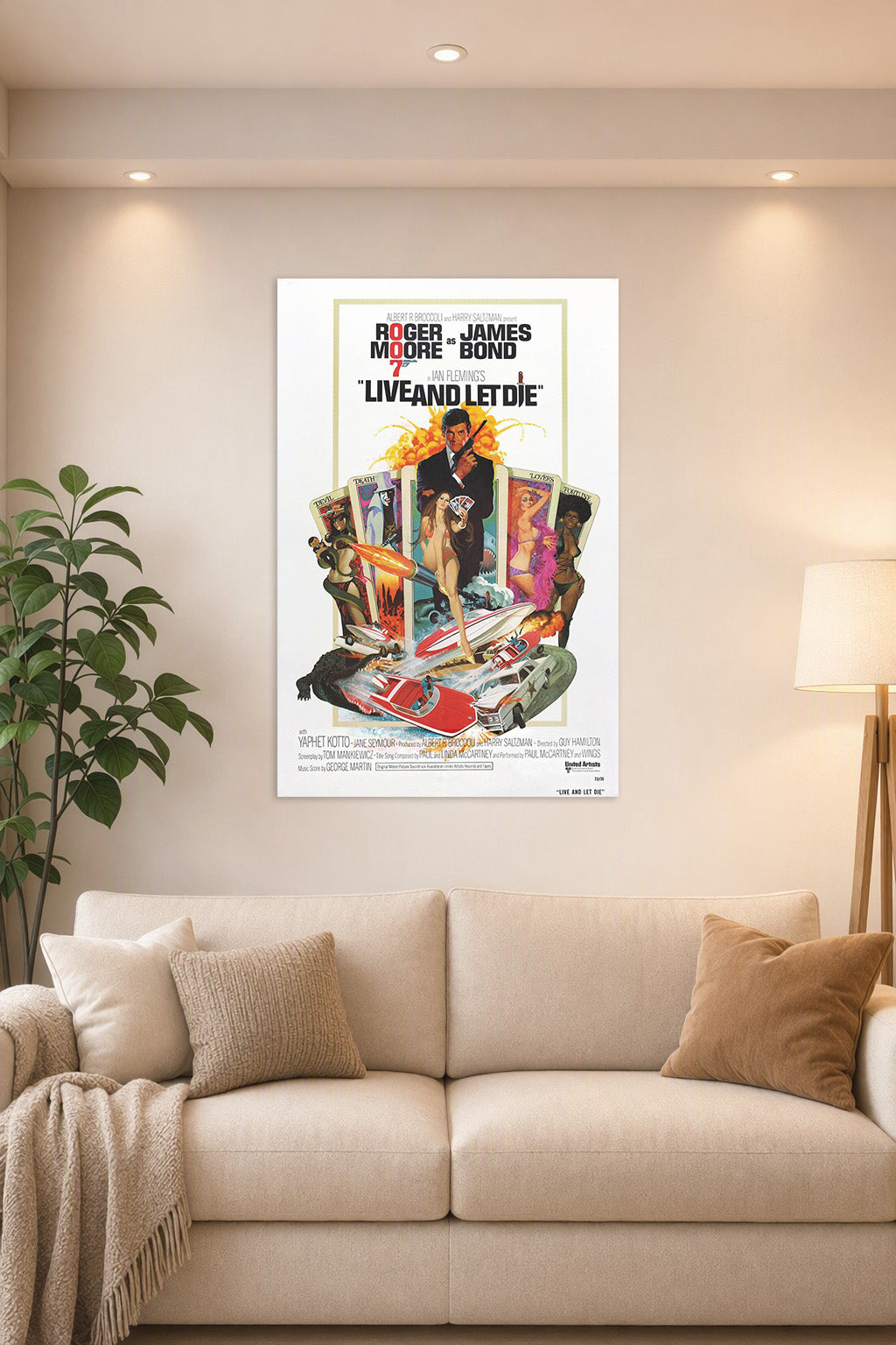 Live and Let Die James Bond in a bright living room above a beige sofa.