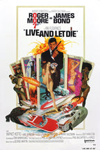 Live and Let Die poster featuring Roger Moore as James Bond with tarot cards, women, explosions, boats, cars, and an alligator.