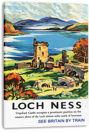 Loch Ness canvas wall art print presents Urquhart Castle ruins, blue loch, rolling mountains, and orange-red trees.