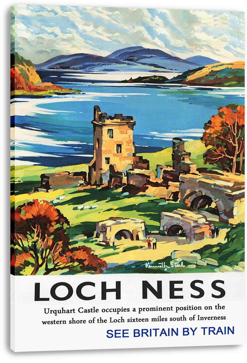 Loch Ness canvas wall art print presents Urquhart Castle ruins, blue loch, rolling mountains, and orange-red trees.