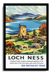 Framed Loch Ness wall art print features Urquhart Castle by blue waters, autumn foliage, mountains, and vintage travel text.
