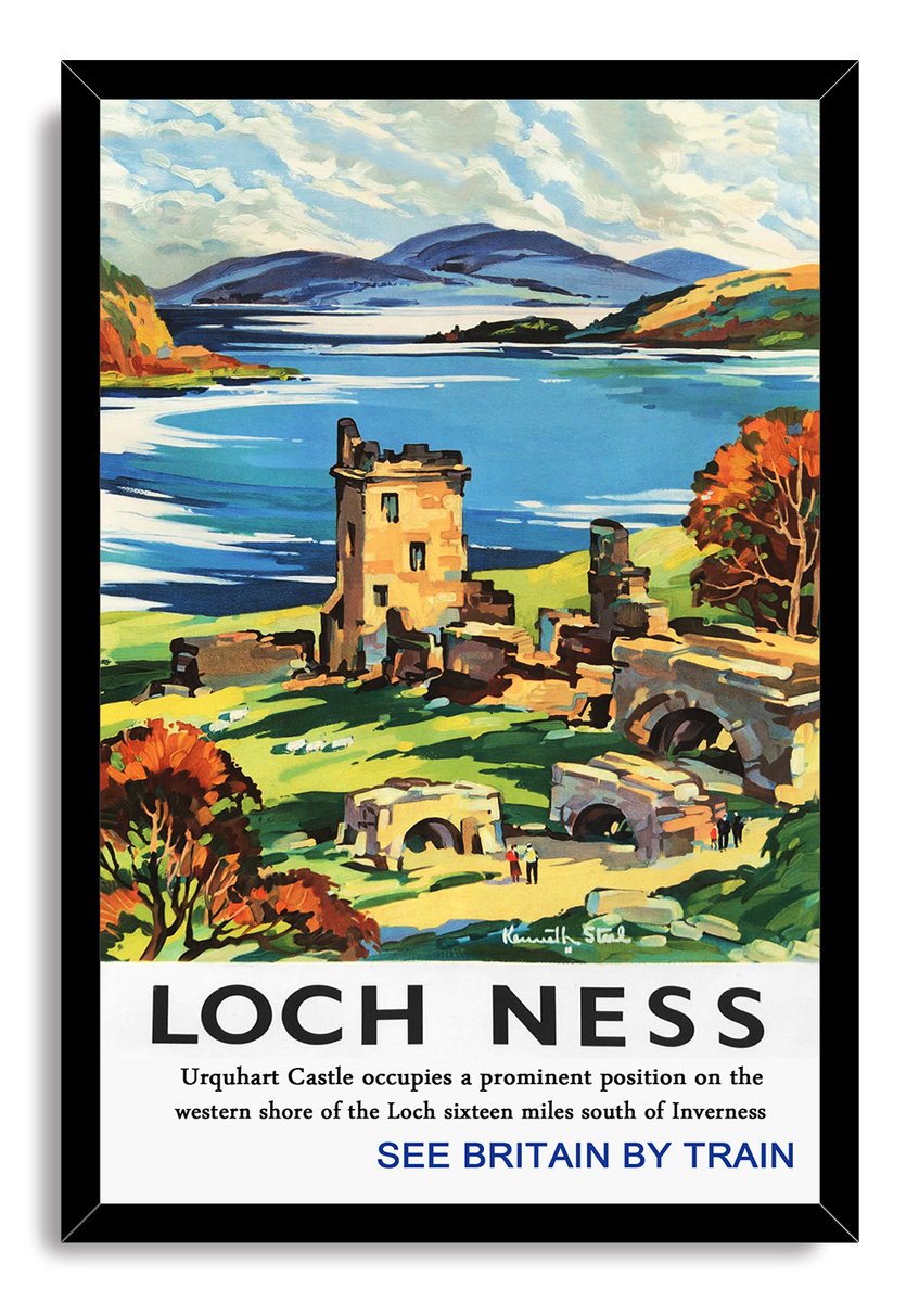 Framed Loch Ness wall art print features Urquhart Castle by blue waters, autumn foliage, mountains, and vintage travel text.