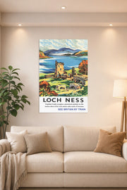 Loch Ness Urquhart Castle in a bright living room above a beige sofa.