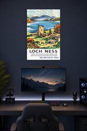 Loch Ness Urquhart Castle in a gaming desk setup above a monitor.