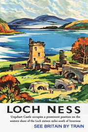 Loch Ness poster depicts Urquhart Castle ruins above blue water, green hills, autumn trees, and distant mountains.