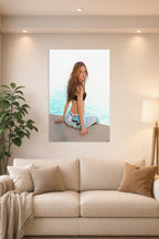 Long-Haired Woman by the Water in a bright living room above a beige sofa.