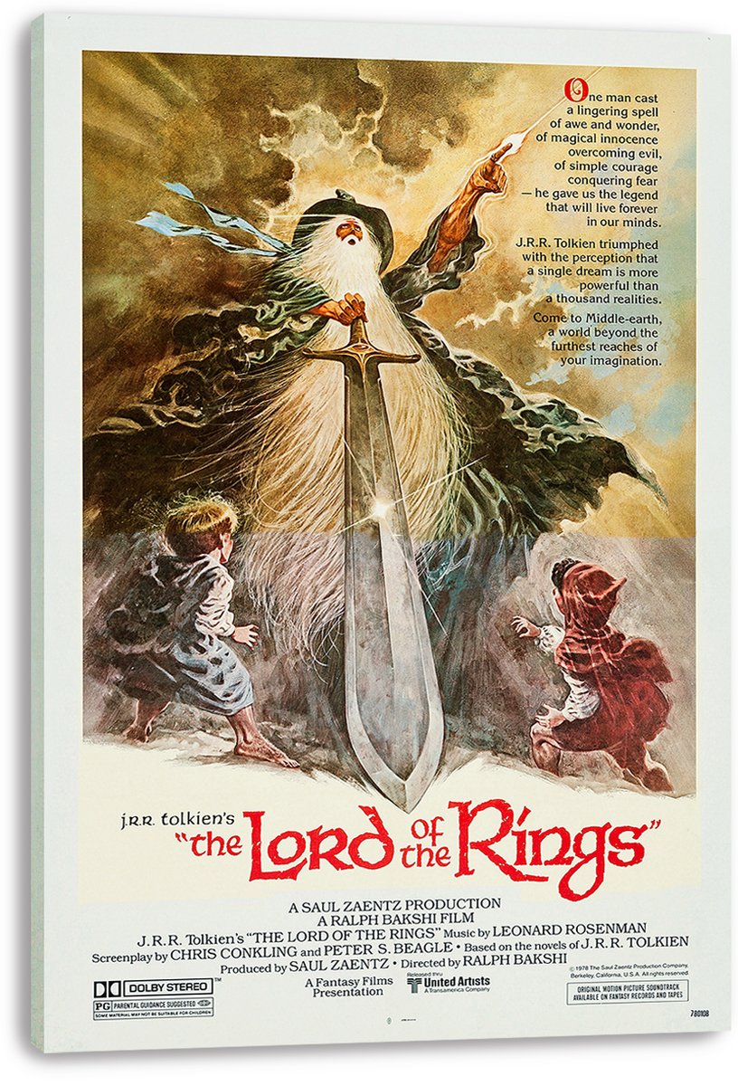 The Lord of the Rings canvas wall art print displays Gandalf in dark robes with a large sword and two hobbits, mounted on a white-edged canvas.