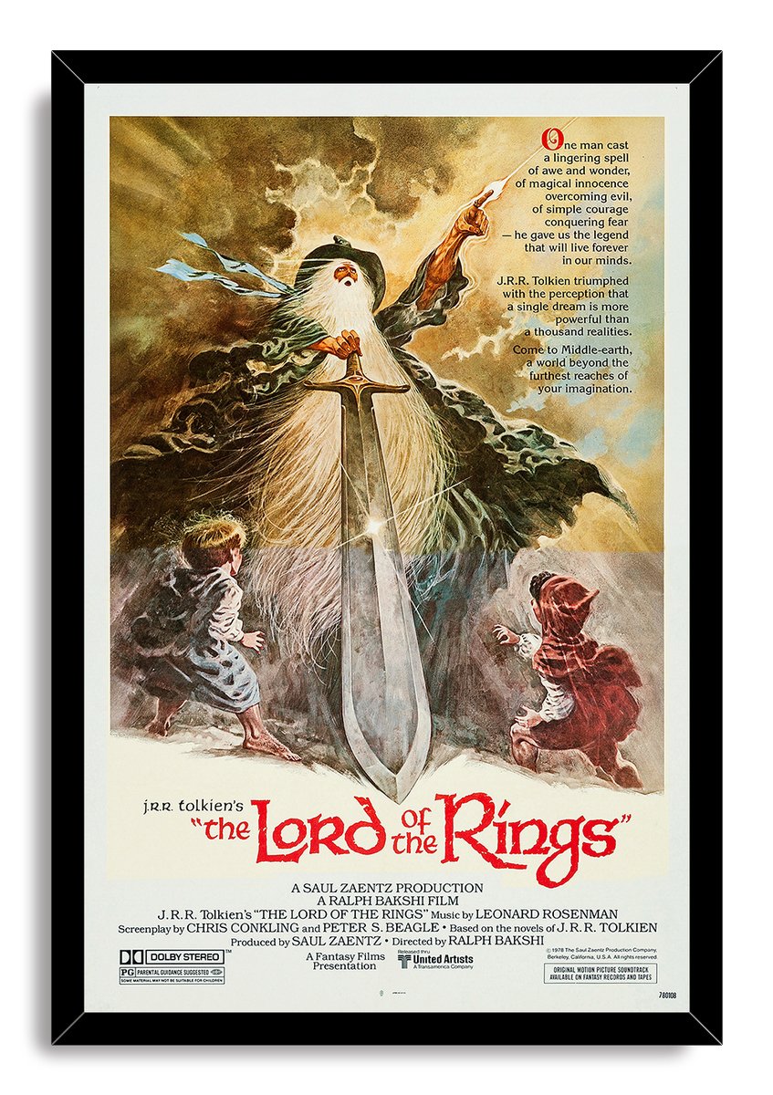 The Lord of the Rings framed wall art print presents Gandalf, a gleaming sword, and two hobbits in a black frame with a white mat.
