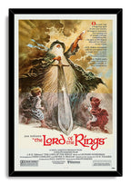 The Lord of the Rings framed wall art print presents Gandalf, a gleaming sword, and two hobbits in a black frame with a white mat.