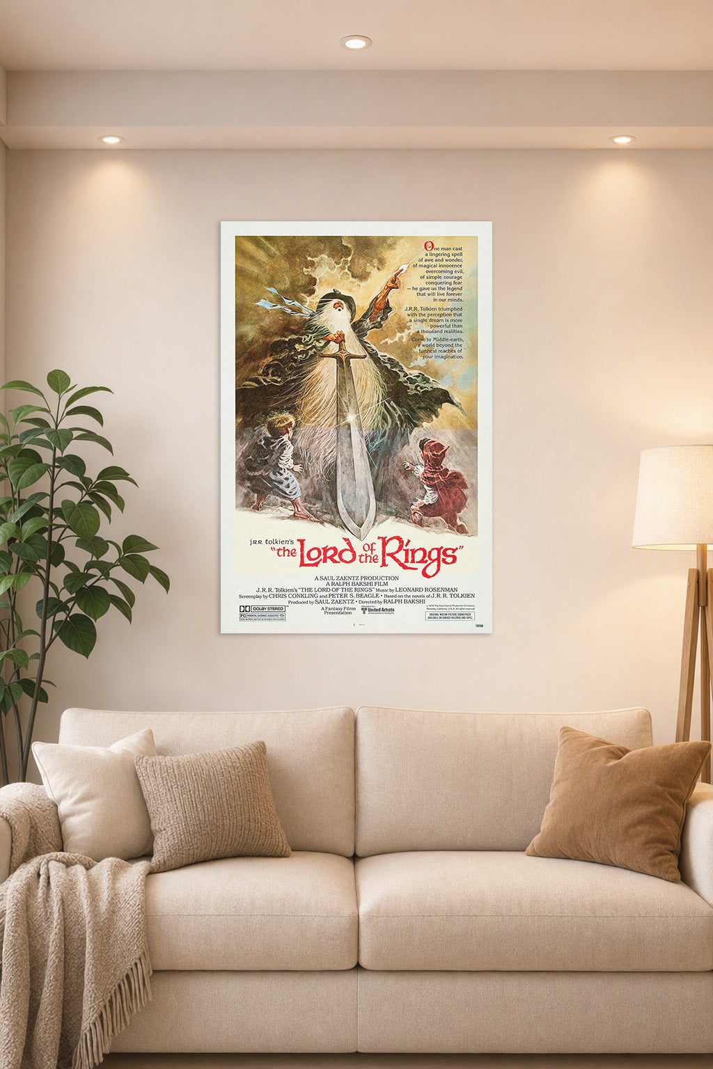Lord of the Rings Gandalf in a bright living room above a beige sofa.