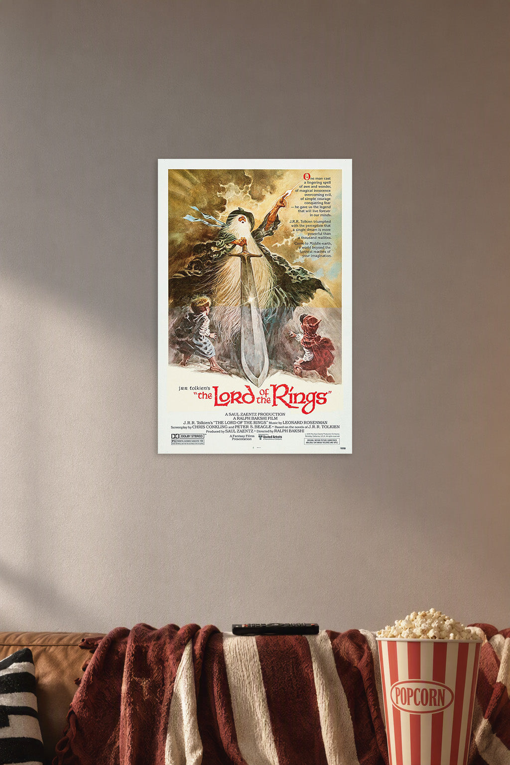 Lord of the Rings Gandalf in a cozy movie room above a brown sofa with popcorn.