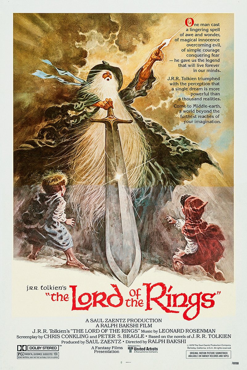 The Lord of the Rings paper poster features Gandalf raising one hand over a sword, with two hobbits below amid stormy gold clouds.