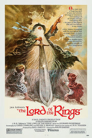 The Lord of the Rings paper poster features Gandalf raising one hand over a sword, with two hobbits below amid stormy gold clouds.