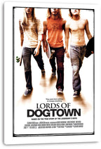 Lords of Dogtown wall art print on a white canvas displays three skaters, bold black title text, and a distressed border.