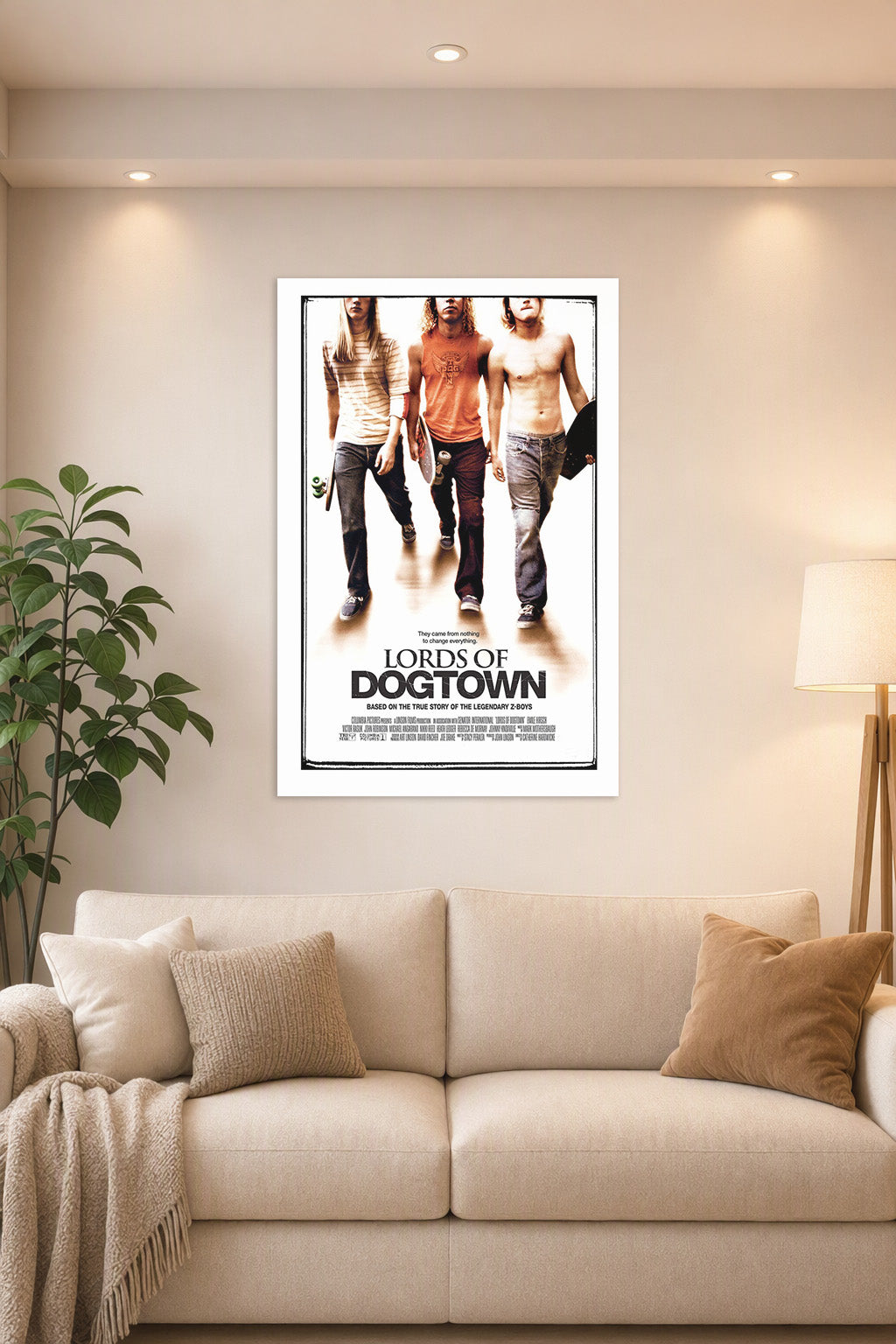Lords of Dogtown in a bright living room above a beige sofa.