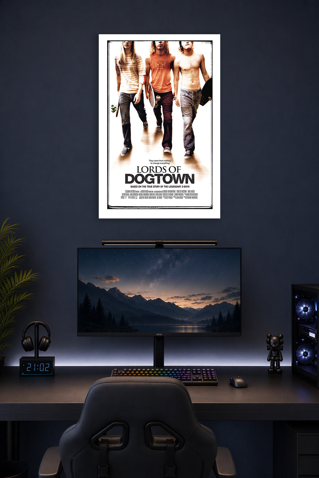 Lords of Dogtown in a gaming desk setup above a monitor.