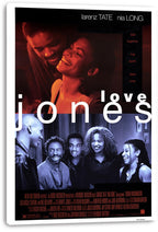 Love Jones wall art print on a white-wrapped canvas, featuring red romantic portraits and a blue-toned group scene.