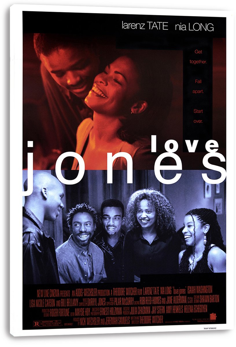 Love Jones wall art print on a white-wrapped canvas, featuring red romantic portraits and a blue-toned group scene.
