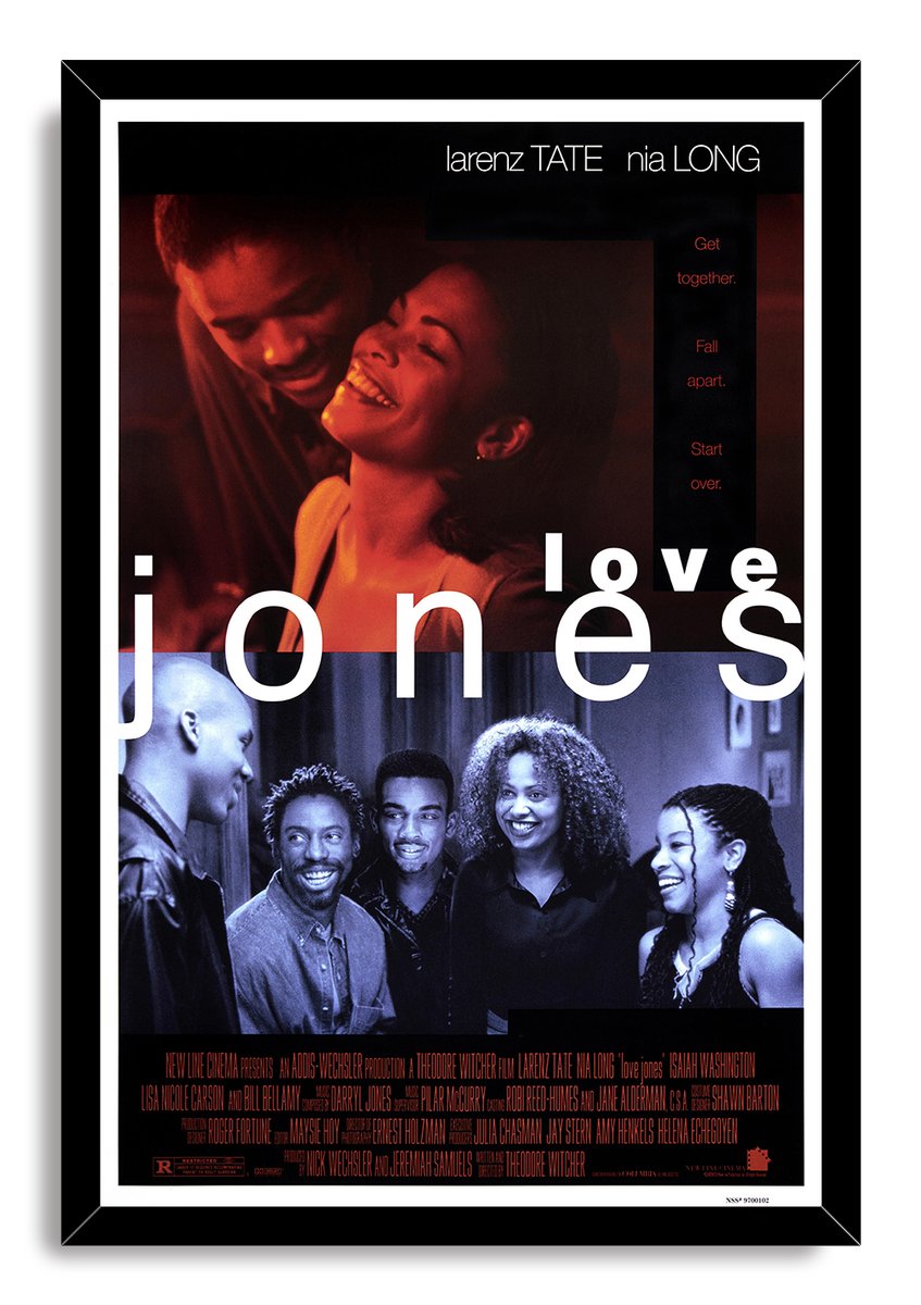 Love Jones framed wall art print with a black border, red couple portrait, blue group cast scene, and large white lettering.